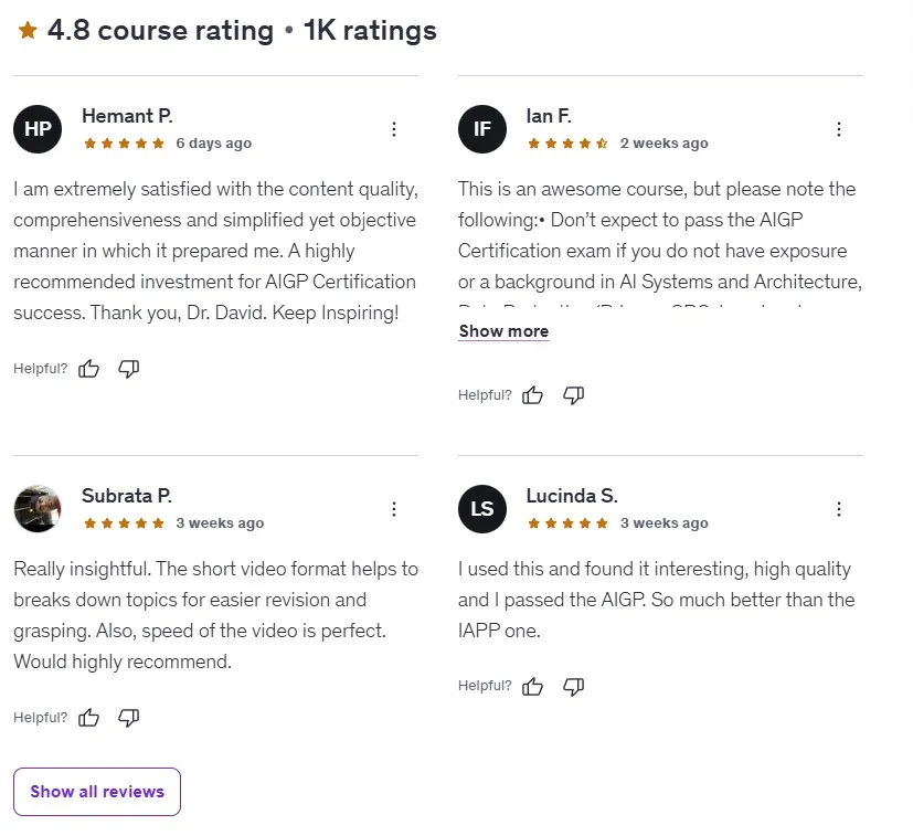 Student Reviews for AI Governance Professional (AIGP) Certification Course