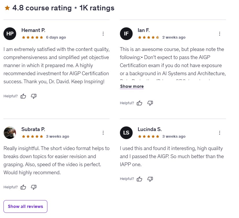 Student Reviews for AI Governance Professional (AIGP) Certification Course